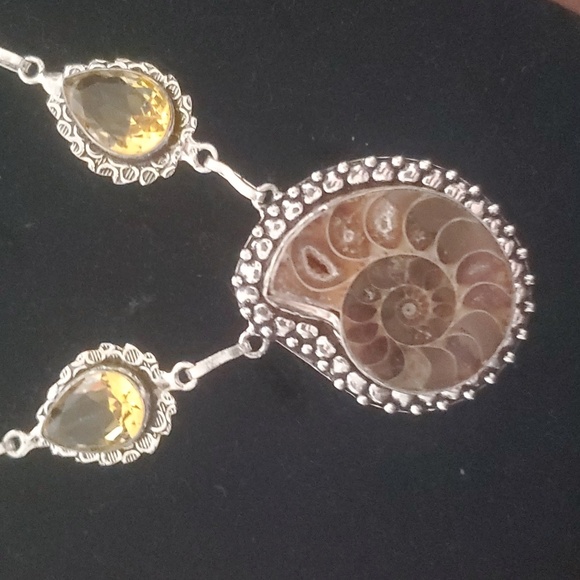New Ammonite Fossil, Rainbow Moonstone & Citrine 925 Silver Necklace. - Picture 2 of 12